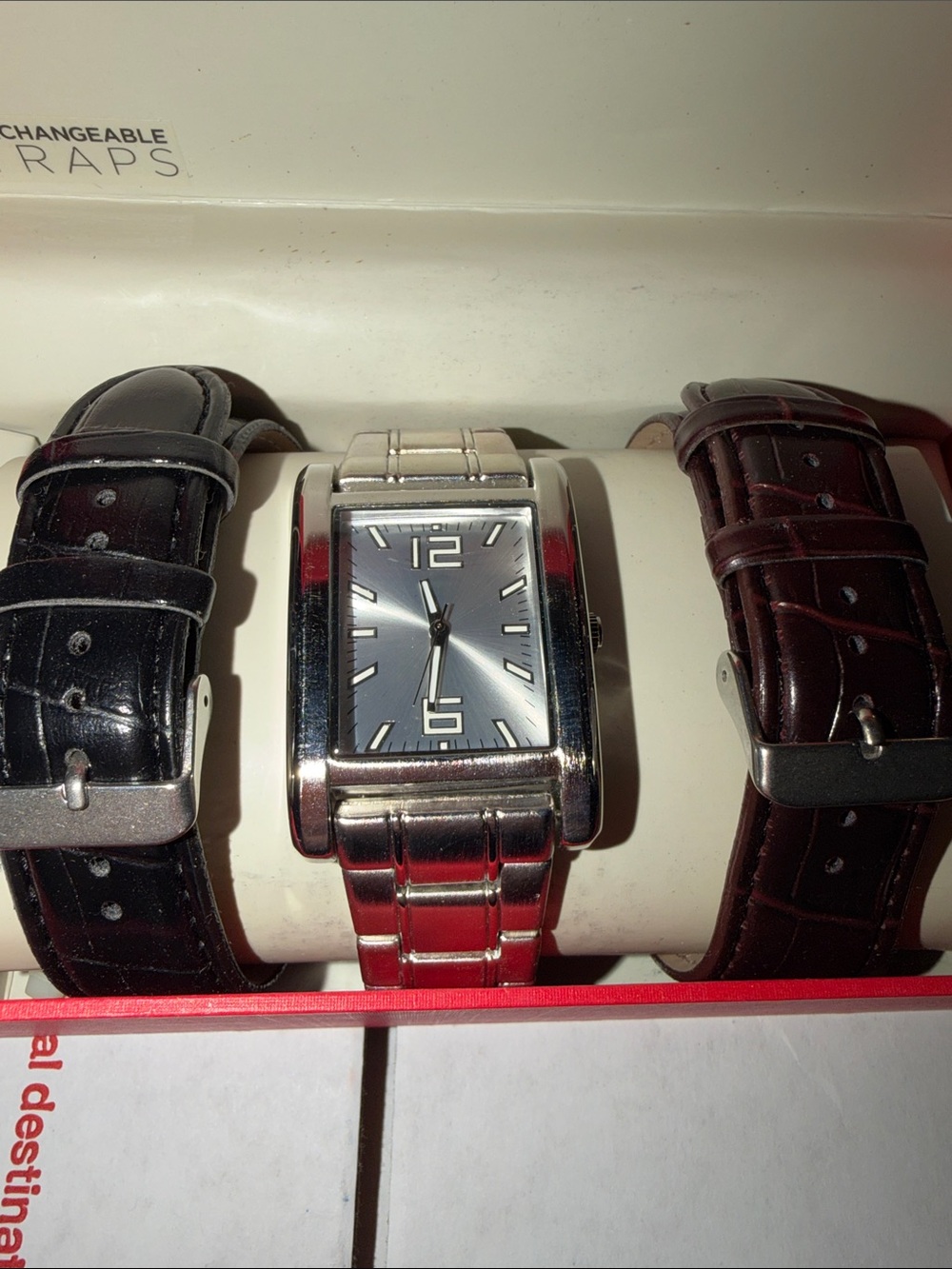 Silver Rectangular Face Watch with Interchangeable Black and Brown Straps - Picture 2 of 2